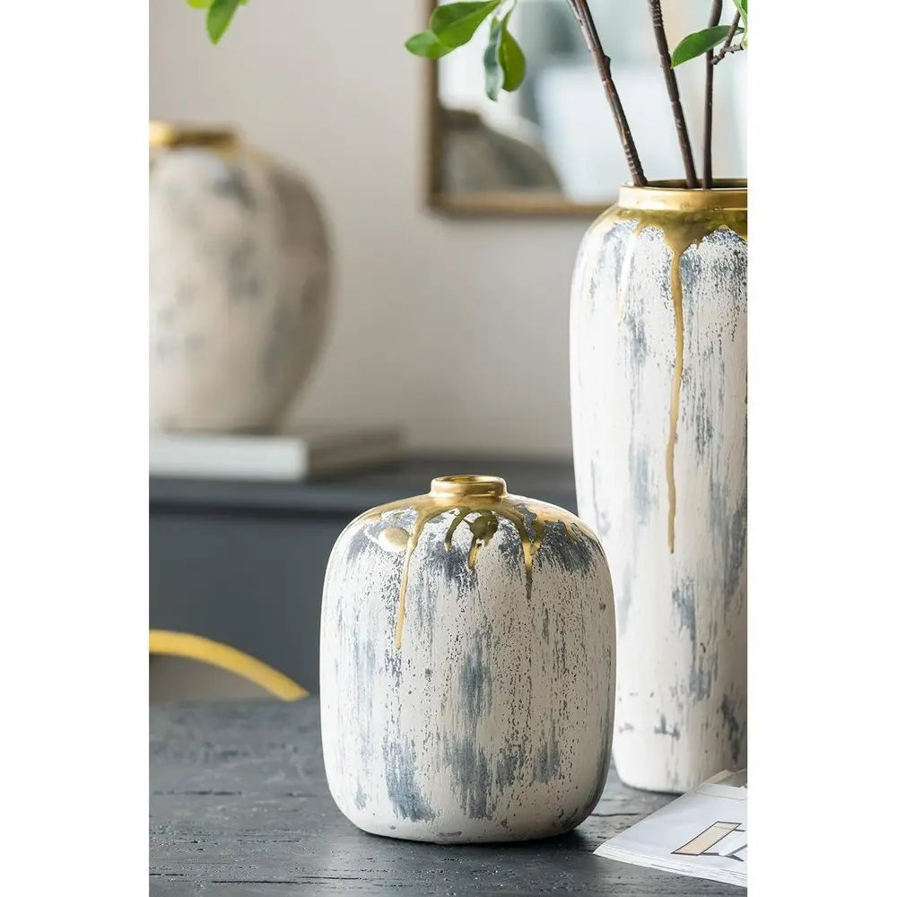 8" Gray Ivory And Gold Modern Abstract Ceramic Table Vase - NOBLE HOME INTERIORS