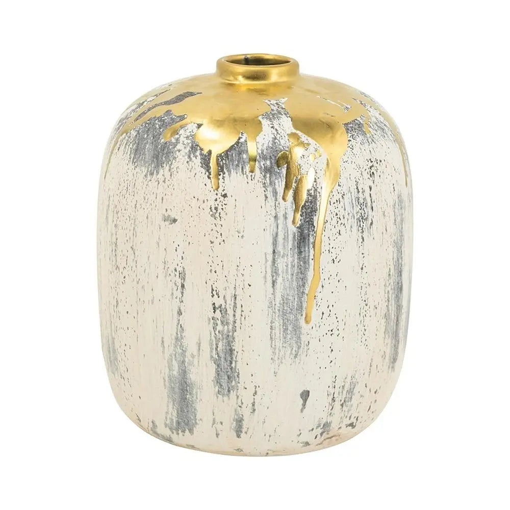 8" Gray Ivory And Gold Modern Abstract Ceramic Table Vase - NOBLE HOME INTERIORS