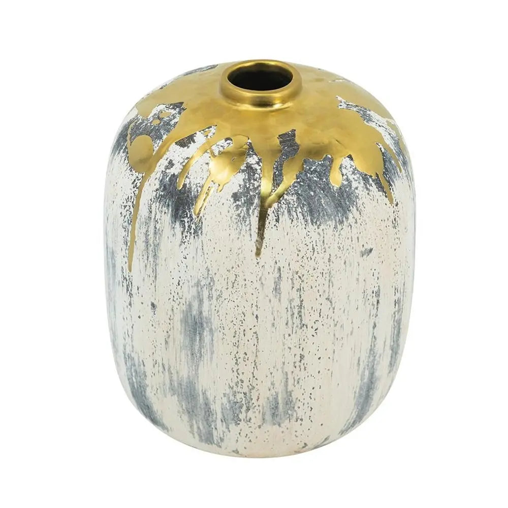8" Gray Ivory And Gold Modern Abstract Ceramic Table Vase - NOBLE HOME INTERIORS
