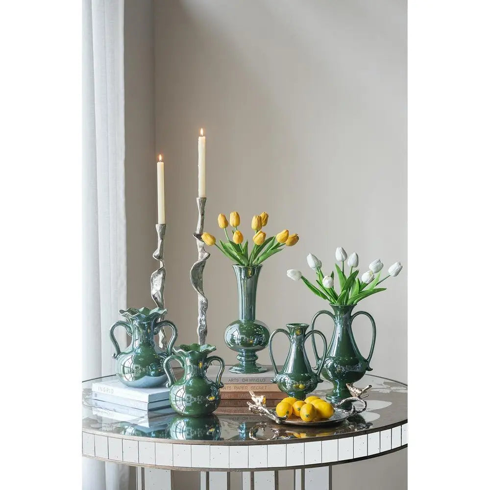 8" Hunter Green Amphora Ceramic Table Vase With Does Not Apply - NOBLE HOME INTERIORS