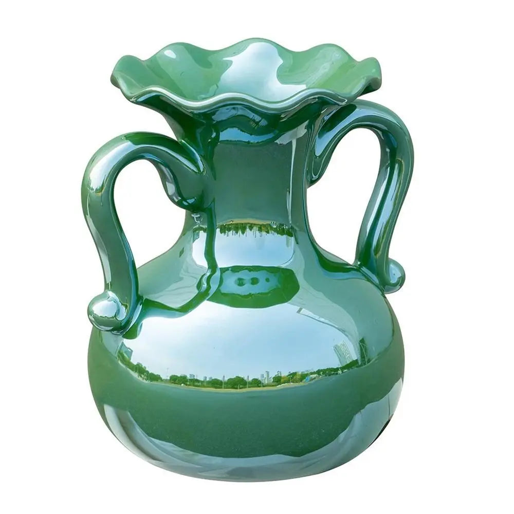 8" Hunter Green Amphora Ceramic Table Vase With Does Not Apply - NOBLE HOME INTERIORS