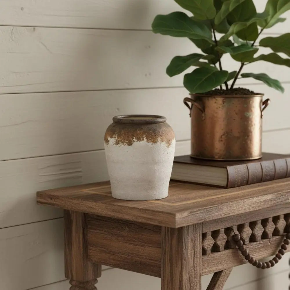 8" Ivory and Brown Ceramic Round Jug Vase - NOBLE HOME INTERIORS