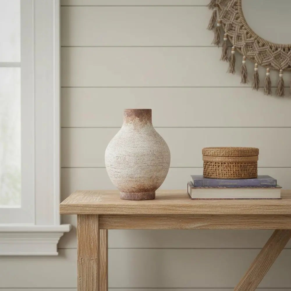 8" Ivory And Brown Round Ceramic Table Vase - NOBLE HOME INTERIORS