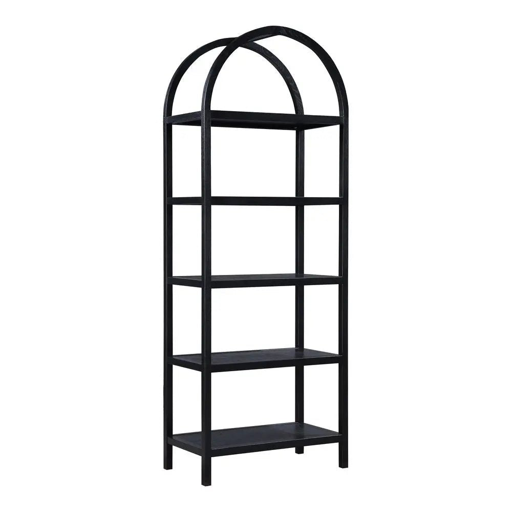 80" Black Oak Wood Five Tier Arched Top Bookcase - NOBLE HOME INTERIORS