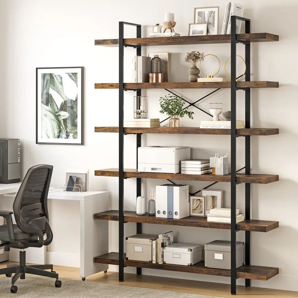 80" Brown Wood Six Tier Etagere Bookcase - NOBLE HOME INTERIORS