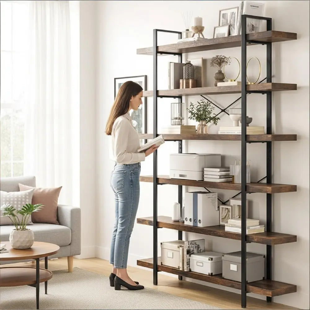 80" Brown Wood Six Tier Etagere Bookcase - NOBLE HOME INTERIORS