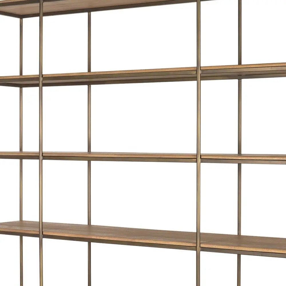 82" Antiqued Brass And Light Brown Distressed Metal and Solid Wood Three Tier Bookcase with Four Doors - NOBLE HOME INTERIORS