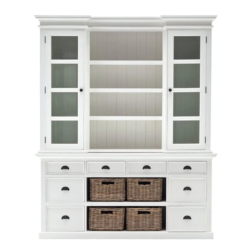 87" White Wood Bookcase with Glass Doors Drawers and Baskets - NOBLE HOME INTERIORS