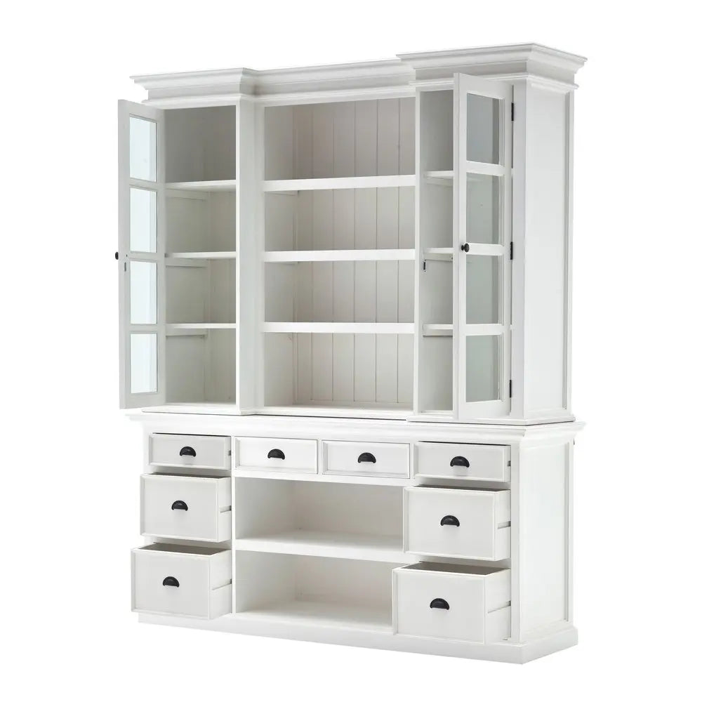 87" White Wood Bookcase with Glass Doors Drawers and Baskets - NOBLE HOME INTERIORS