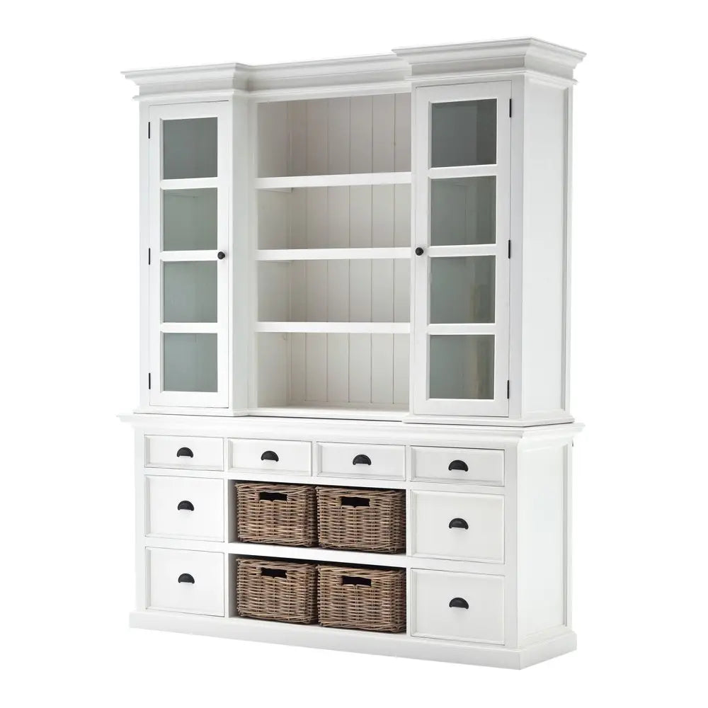 87" White Wood Bookcase with Glass Doors Drawers and Baskets - NOBLE HOME INTERIORS