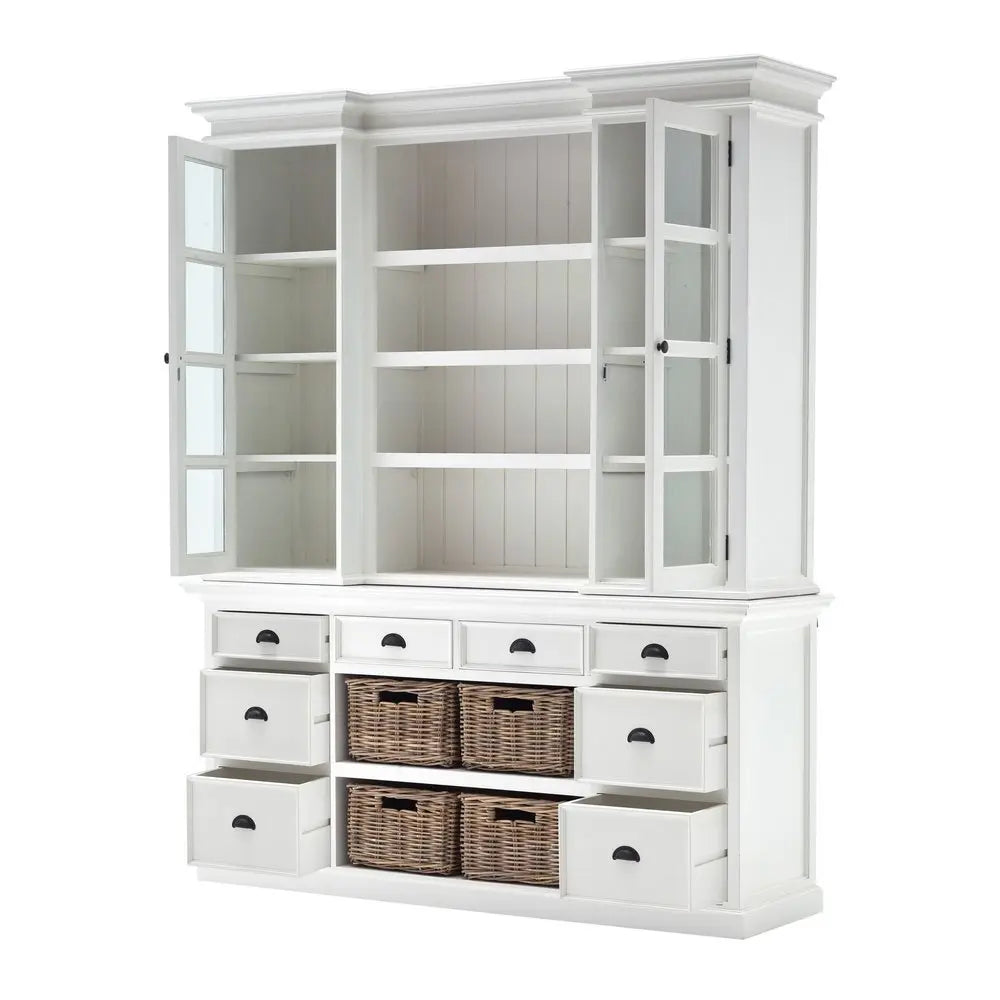 87" White Wood Bookcase with Glass Doors Drawers and Baskets - NOBLE HOME INTERIORS