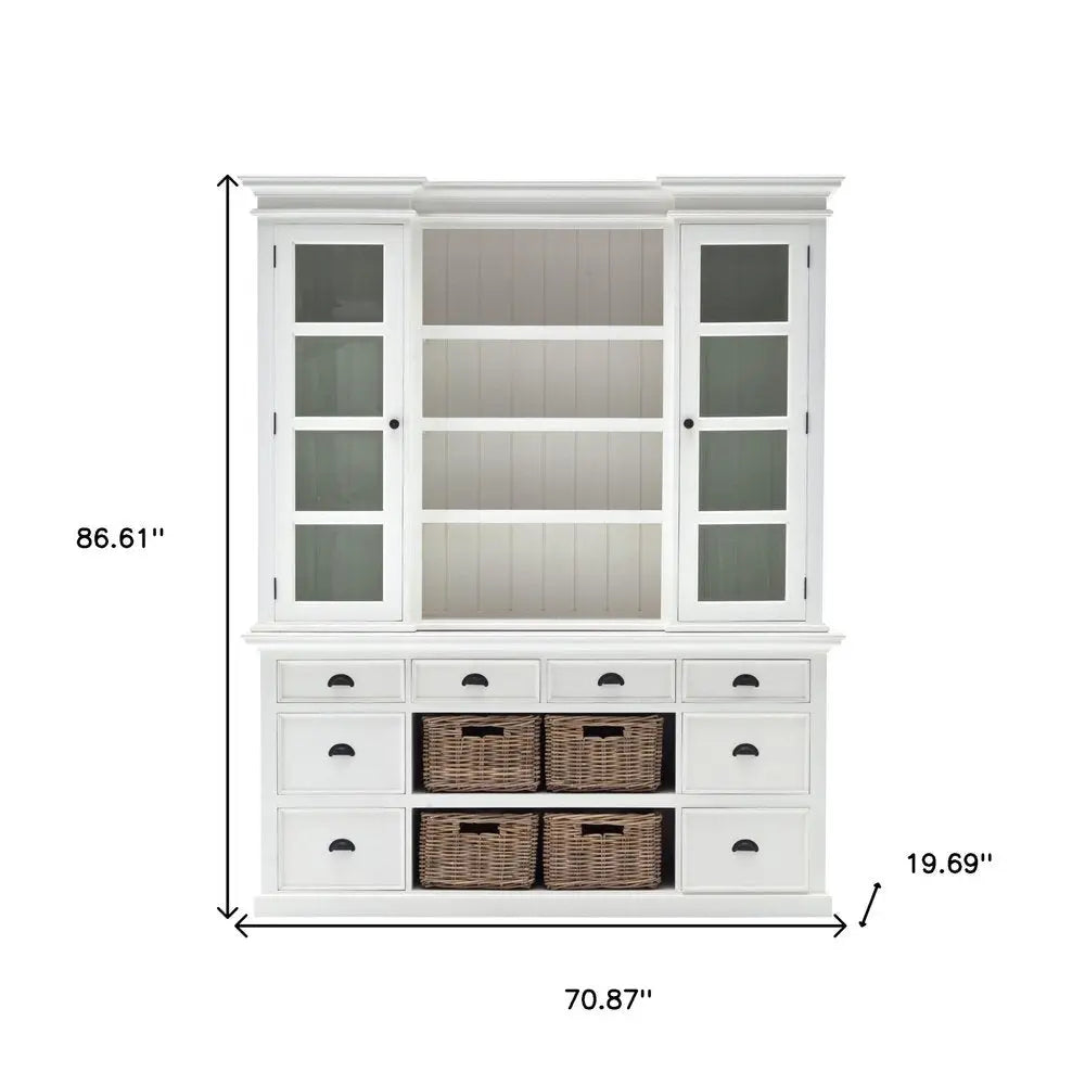 87" White Wood Bookcase with Glass Doors Drawers and Baskets - NOBLE HOME INTERIORS