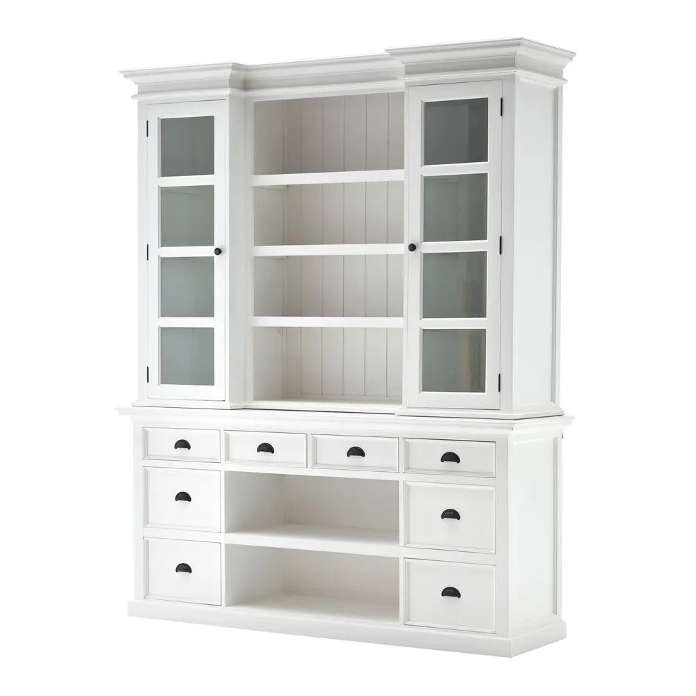 87" White Wood Bookcase with Glass Doors Drawers and Baskets - NOBLE HOME INTERIORS