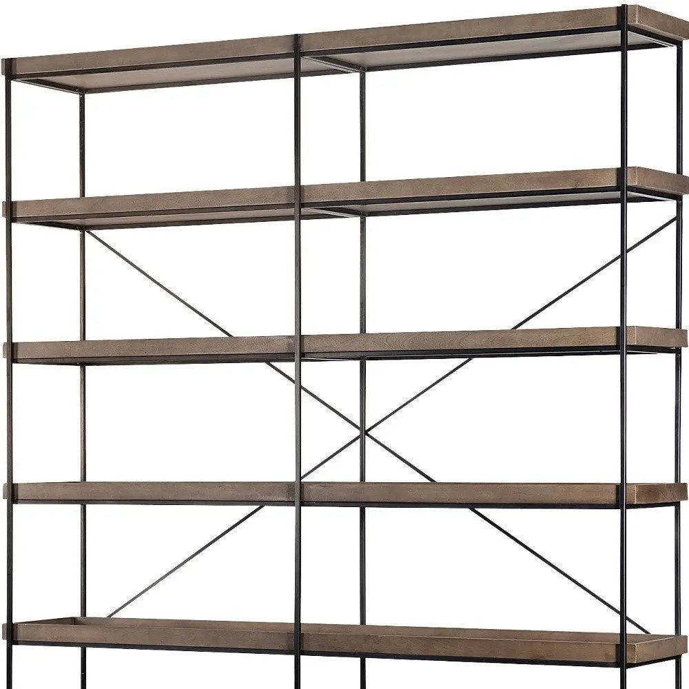 88" Black And Brown Iron and Wood Five Tier Bookcase - NOBLE HOME INTERIORS
