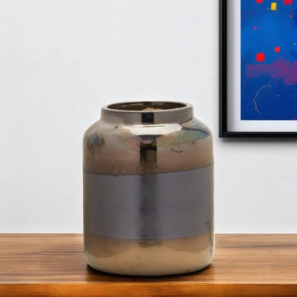 9" Black and Blue Striped Cylinder Clay Table Vase - NOBLE HOME INTERIORS