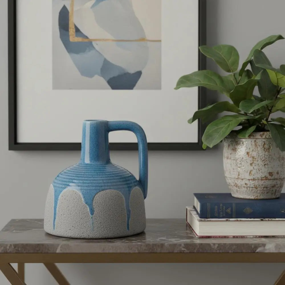 9" Blue and Gray Bud Ceramic Jug Vase With Does Not Apply - NOBLE HOME INTERIORS