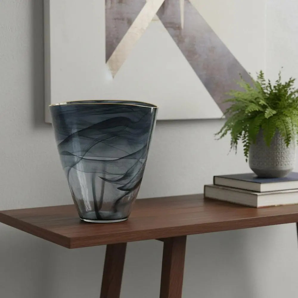 9" Charcoal Abstract Swirl Art Glass Table Vase - NOBLE HOME INTERIORS