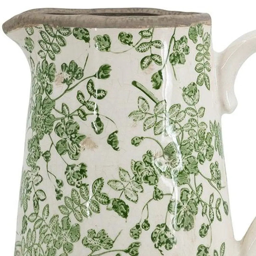 9" Green and White Leaf Round Ceramic Jug Vase With Does Not Apply - NOBLE HOME INTERIORS