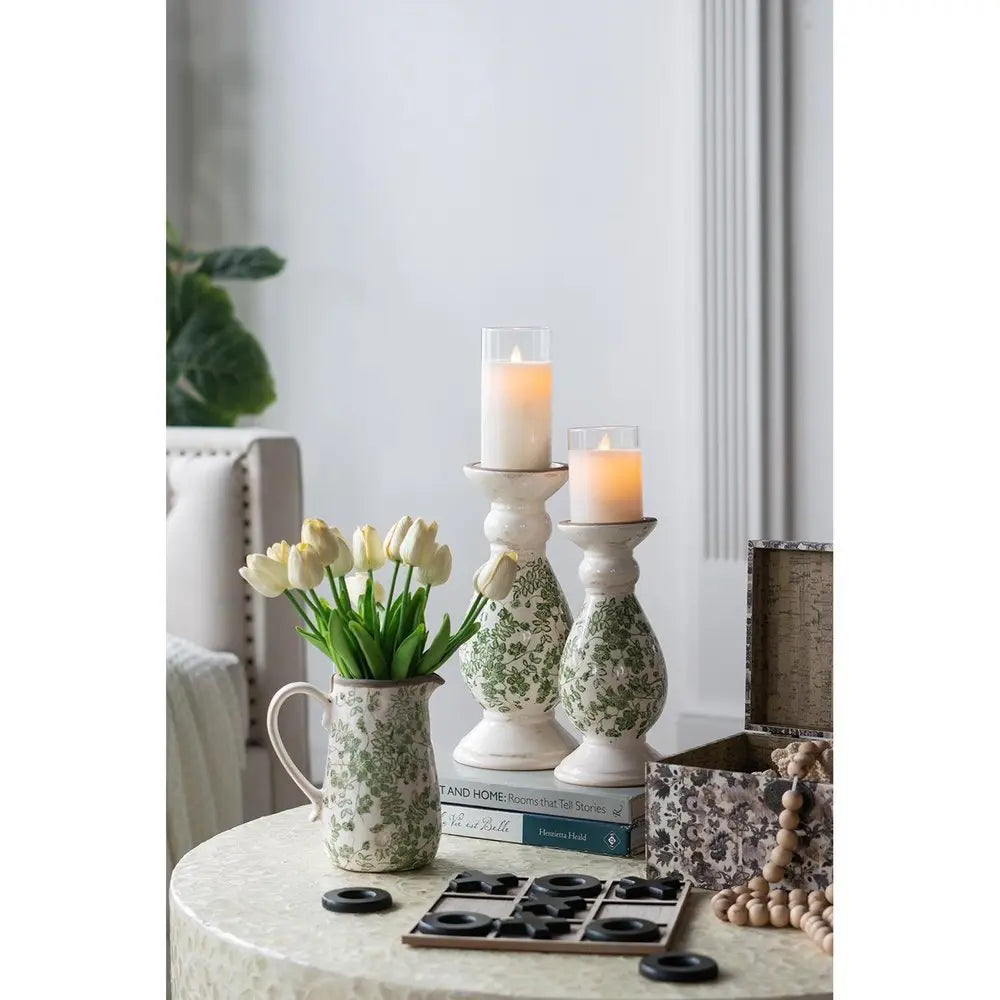 9" Green and White Leaf Round Ceramic Jug Vase With Does Not Apply - NOBLE HOME INTERIORS