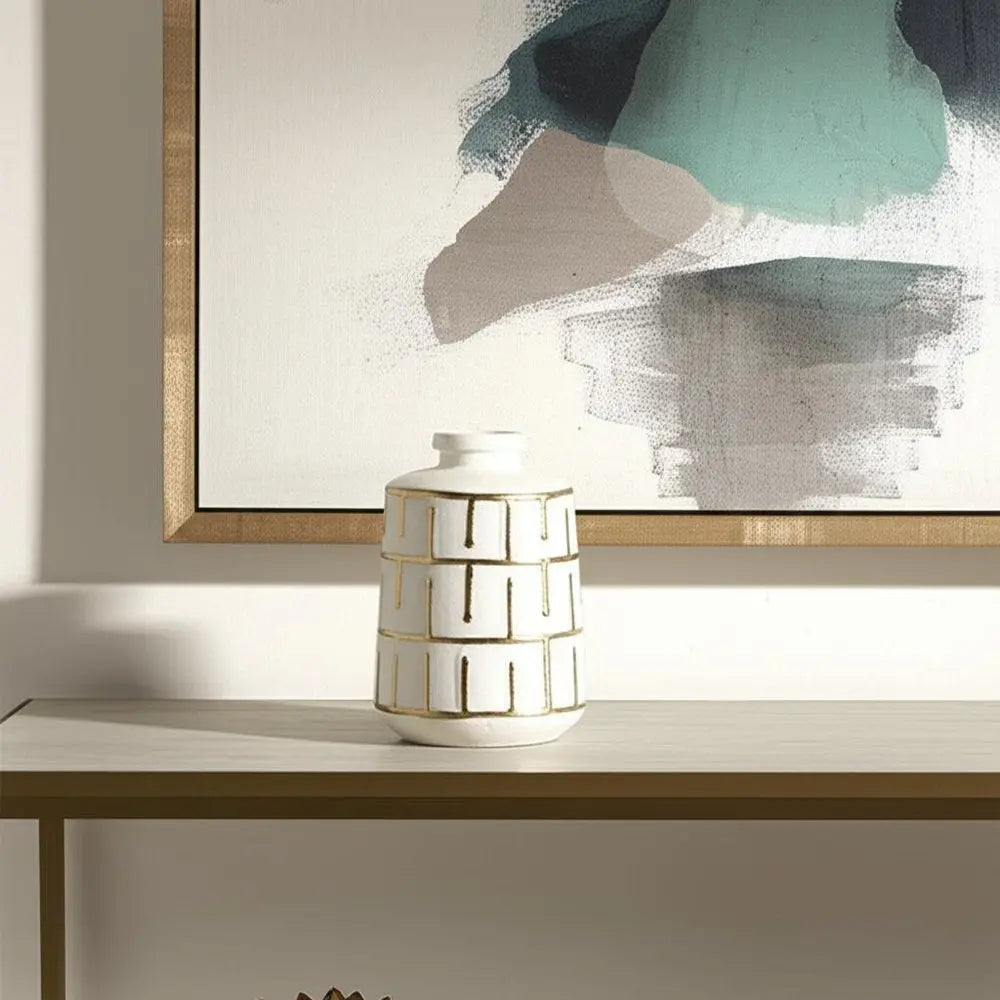 9" Ivory And Gold Geometric Round Ceramic Table Vase - NOBLE HOME INTERIORS