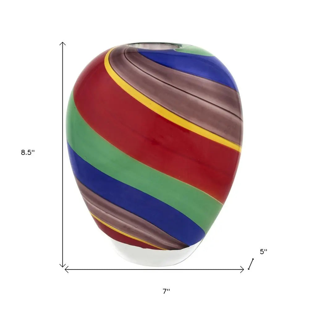 9" Red Blue and Green Striped Round Glass Table Vase - NOBLE HOME INTERIORS