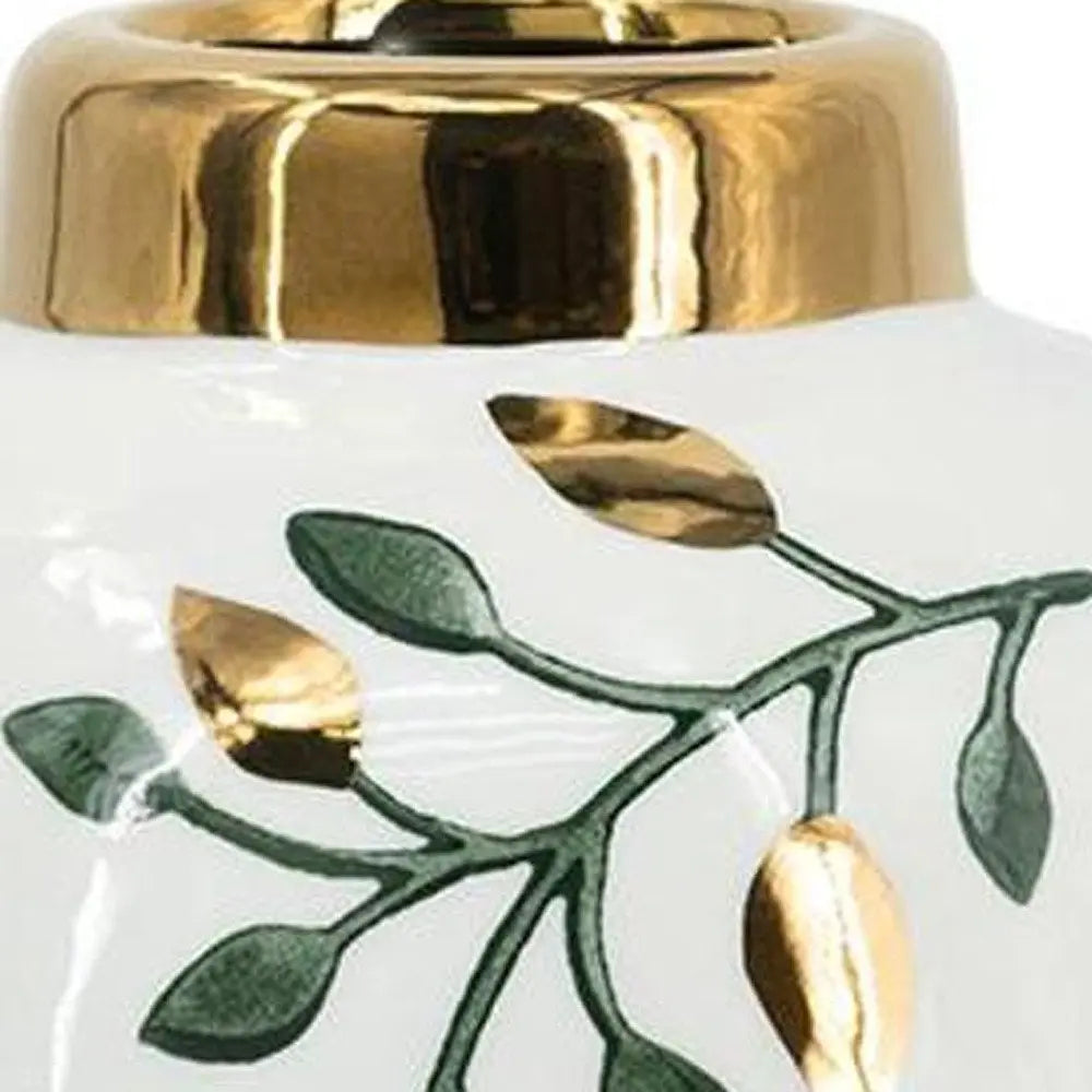 9" White Green And Gold Leaf Round Ceramic Table Vase - NOBLE HOME INTERIORS