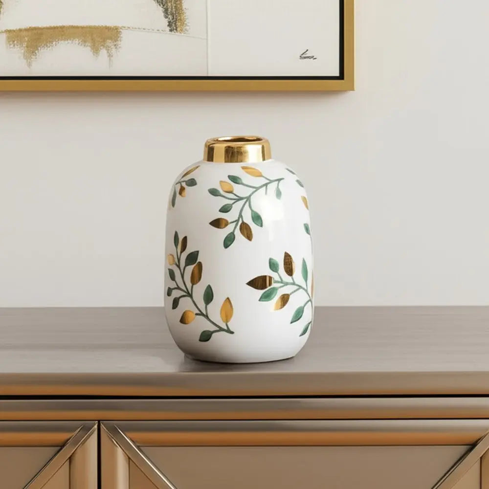 9" White Green And Gold Leaf Round Ceramic Table Vase - NOBLE HOME INTERIORS