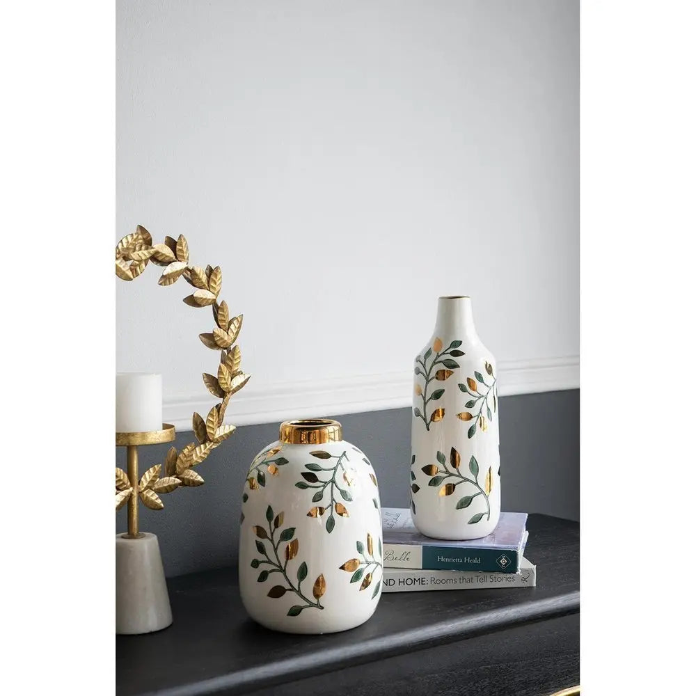 9" White Green And Gold Leaf Round Ceramic Table Vase - NOBLE HOME INTERIORS