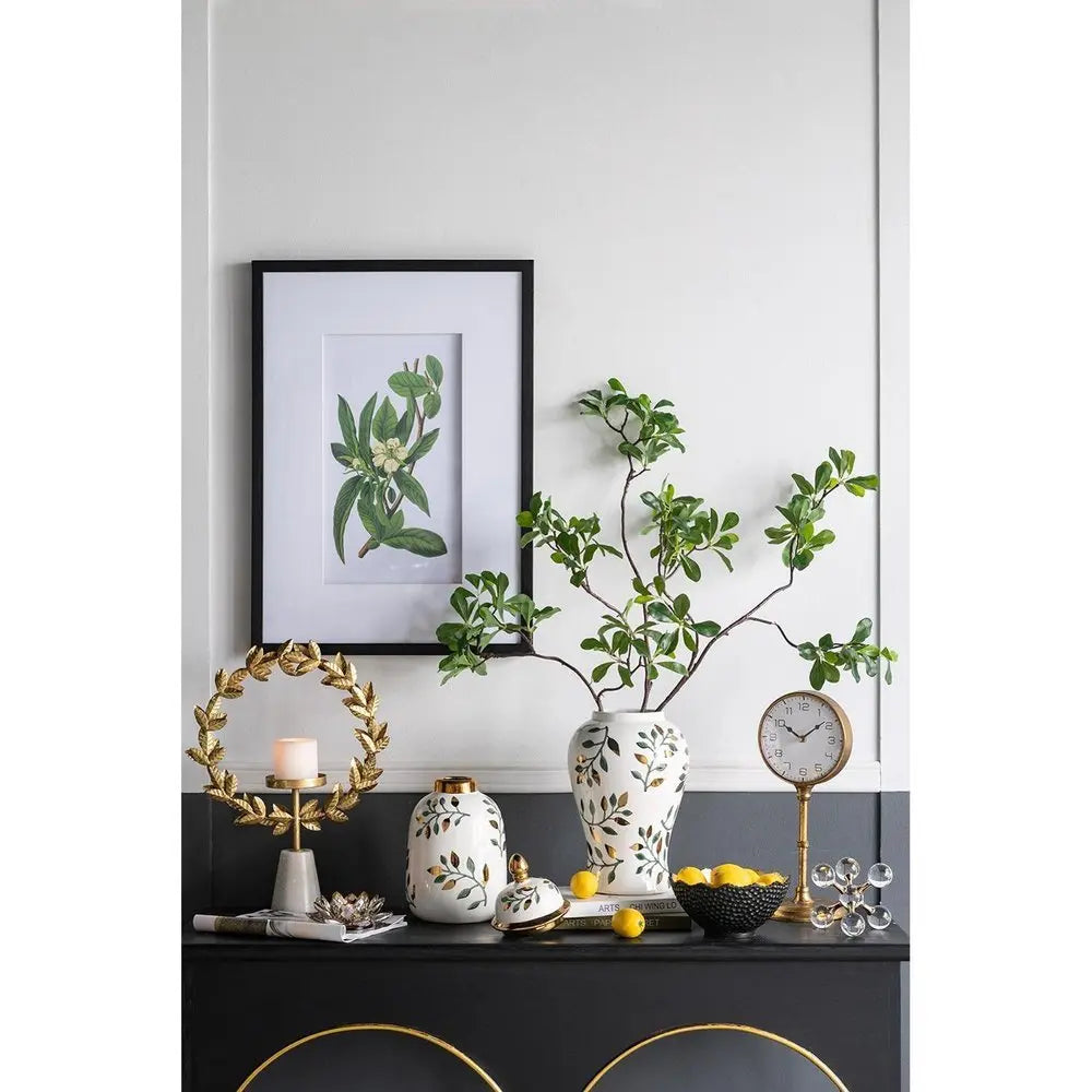 9" White Green And Gold Leaf Round Ceramic Table Vase - NOBLE HOME INTERIORS