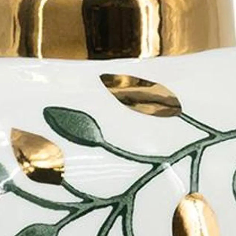 9" White Green And Gold Leaf Round Ceramic Table Vase - NOBLE HOME INTERIORS