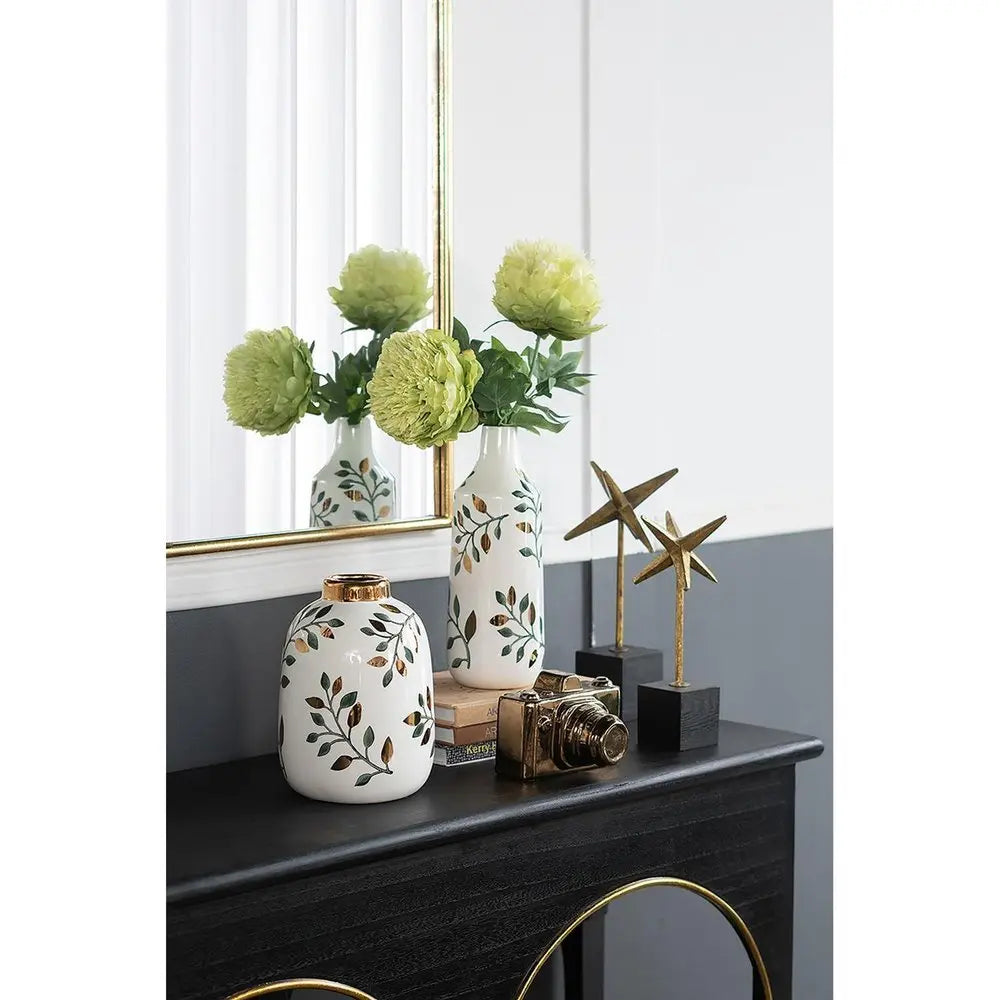 9" White Green And Gold Leaf Round Ceramic Table Vase - NOBLE HOME INTERIORS