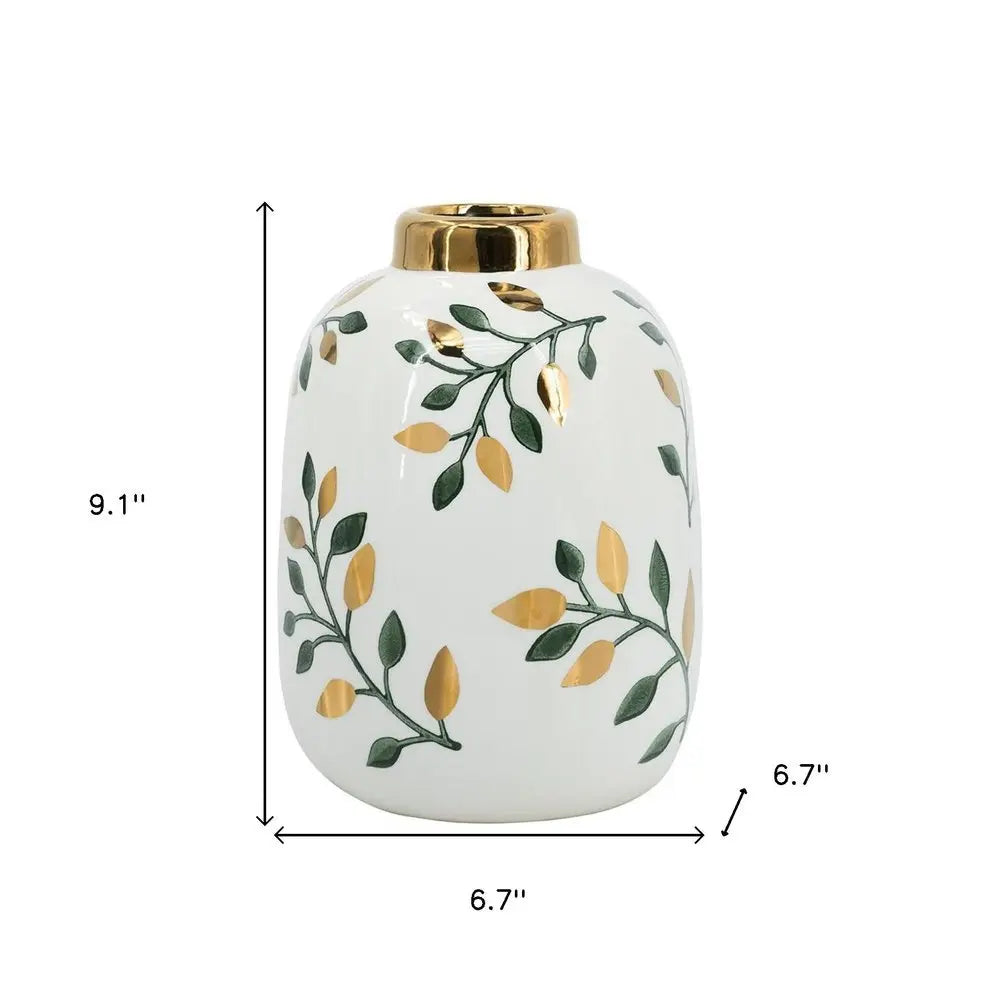 9" White Green And Gold Leaf Round Ceramic Table Vase - NOBLE HOME INTERIORS