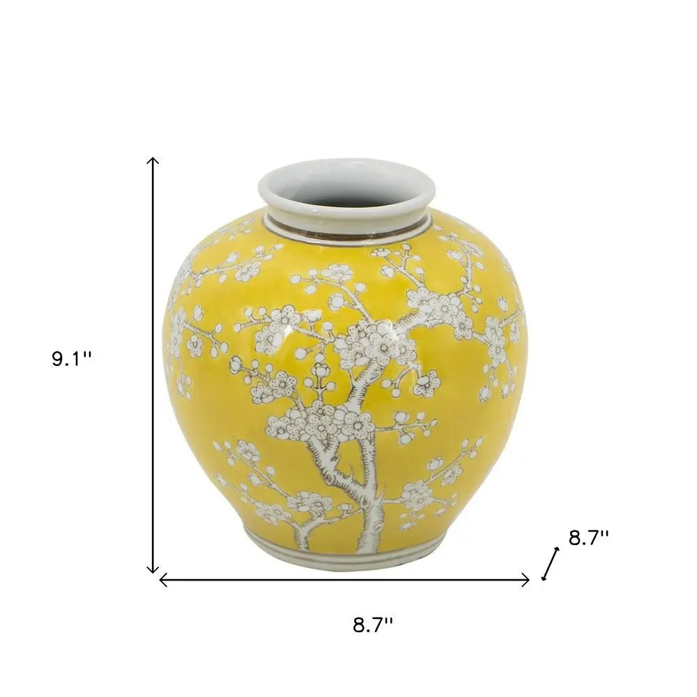 9" Yellow And White Floral Round Porcelain Table Vase - NOBLE HOME INTERIORS