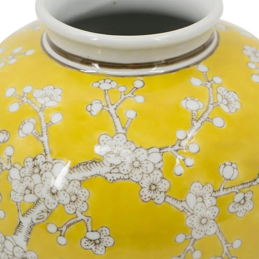 9" Yellow And White Floral Round Porcelain Table Vase - NOBLE HOME INTERIORS