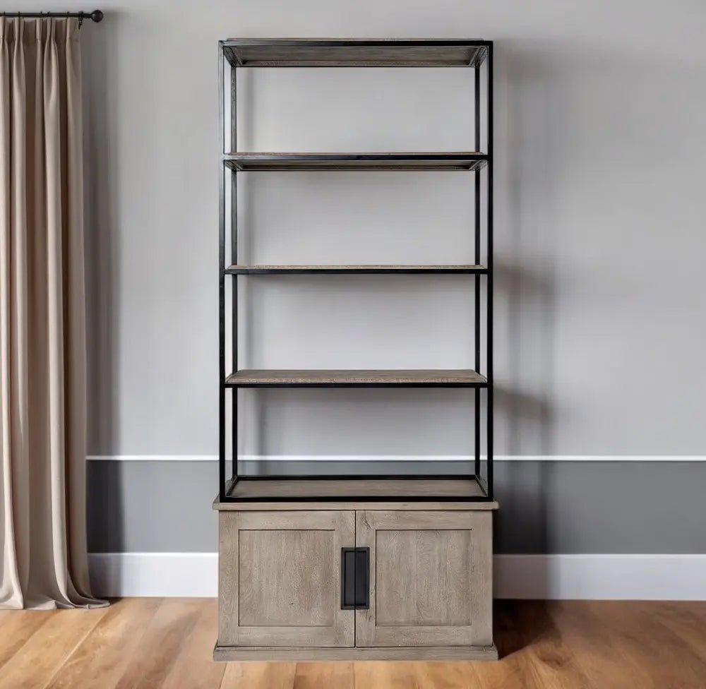 90" Brown Iron and Wood Three Tier Bookcase - NOBLE HOME INTERIORS