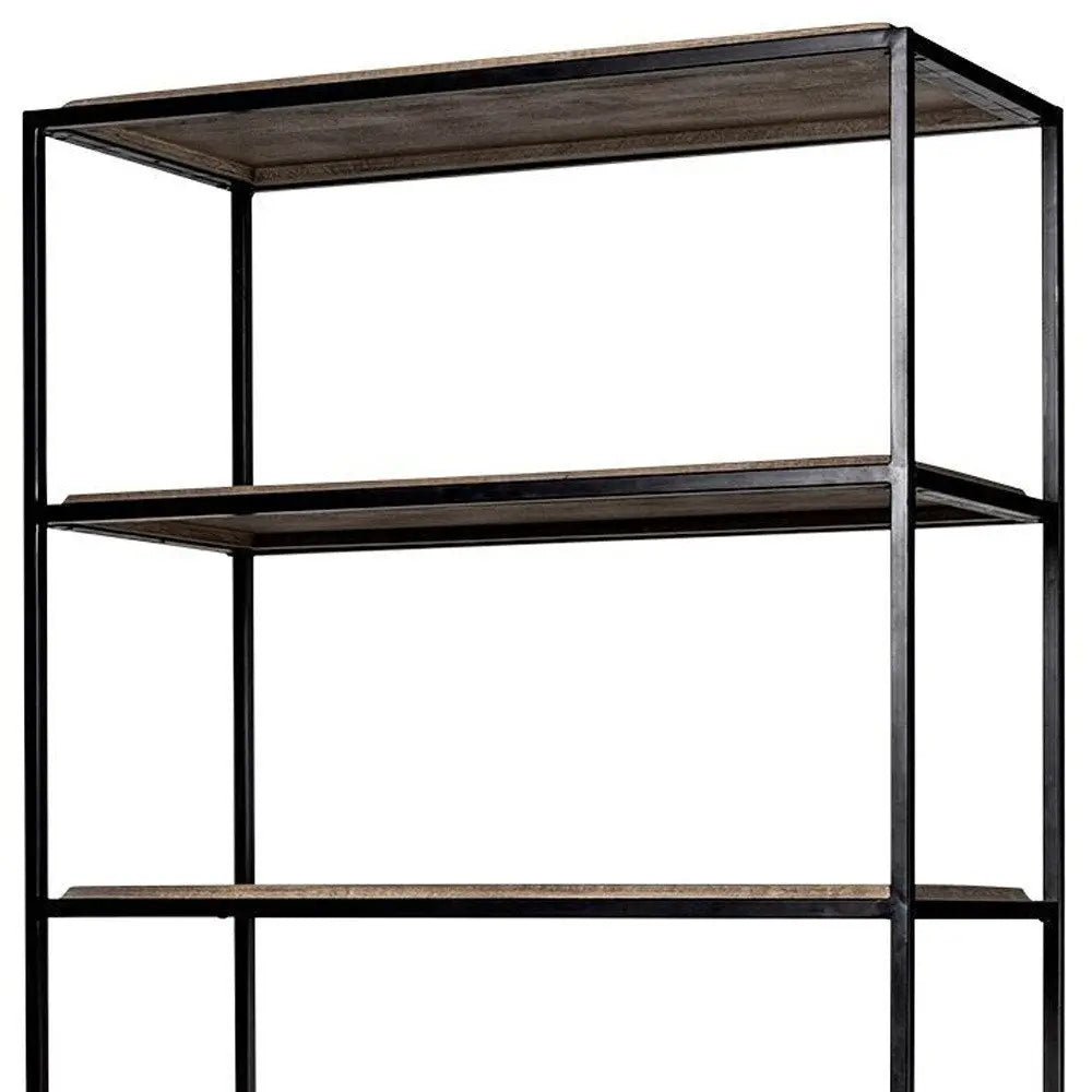 90" Brown Iron and Wood Three Tier Bookcase - NOBLE HOME INTERIORS