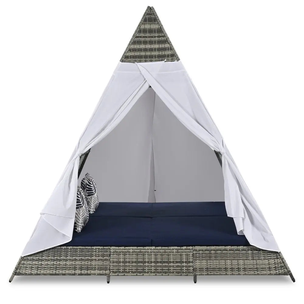 91" Brown And Blue Faux Rattan And Fabric Pyramid Lounge Chair - NOBLE HOME INTERIORS