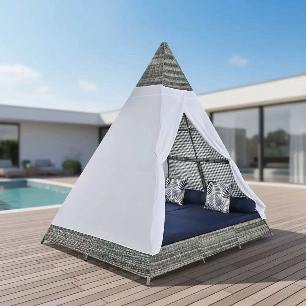 91" Brown And Blue Faux Rattan And Fabric Pyramid Lounge Chair - NOBLE HOME INTERIORS