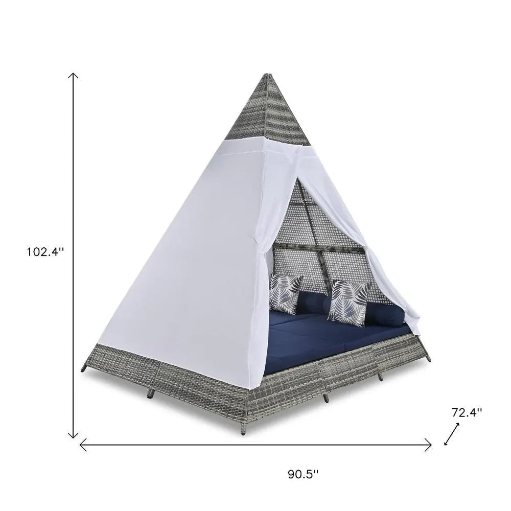 91" Brown And Blue Faux Rattan And Fabric Pyramid Lounge Chair - NOBLE HOME INTERIORS