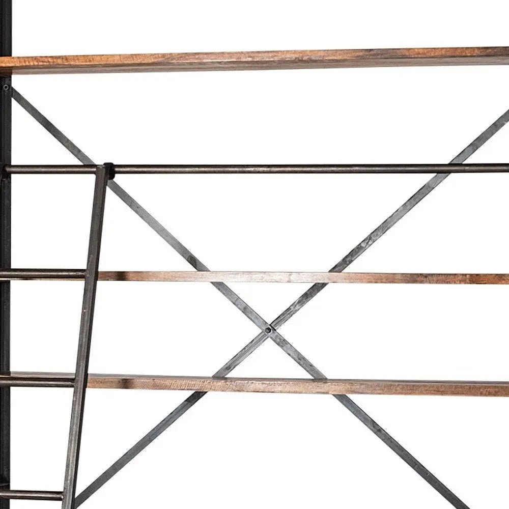 94" Black And Brown Distressed Copper and Wood Four Tier Library Bookcase with Four Drawers - NOBLE HOME INTERIORS