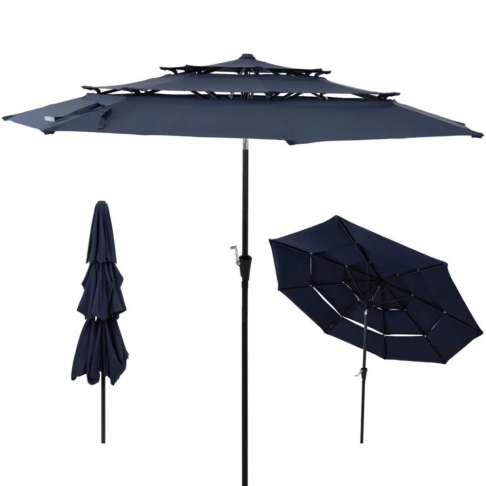 96" Dark Blue Polyester Octagonal Tilt Lighted Market Patio Umbrella - NOBLE HOME INTERIORS