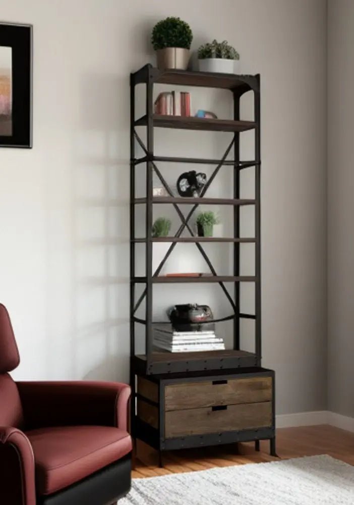 Black Iron and Solid Wood Five Tier Bookcase with Two Drawers - NOBLE HOME INTERIORS