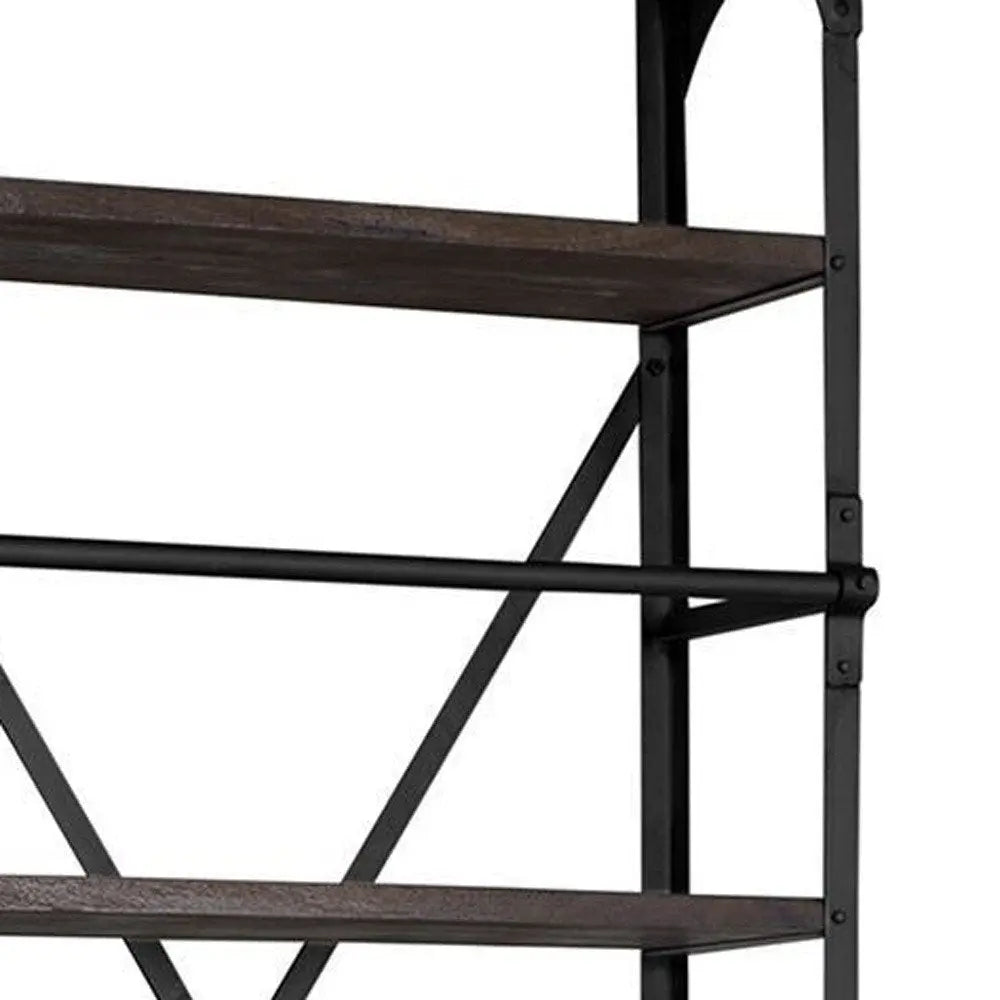 Black Iron and Solid Wood Five Tier Bookcase with Two Drawers - NOBLE HOME INTERIORS