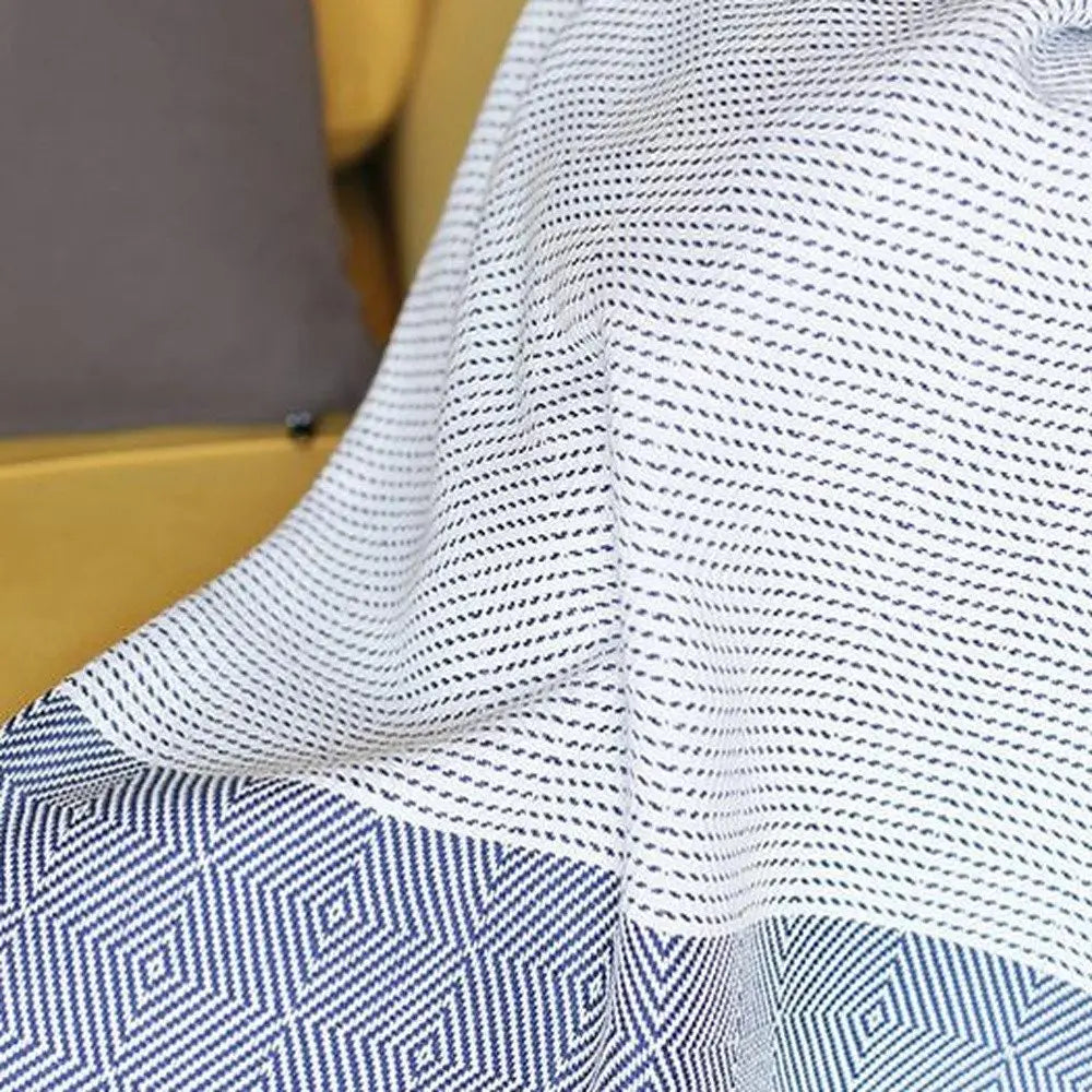 Blue And White Squares And Stripes Turkish Towel Or Throw Blanket - NOBLE HOME INTERIORS
