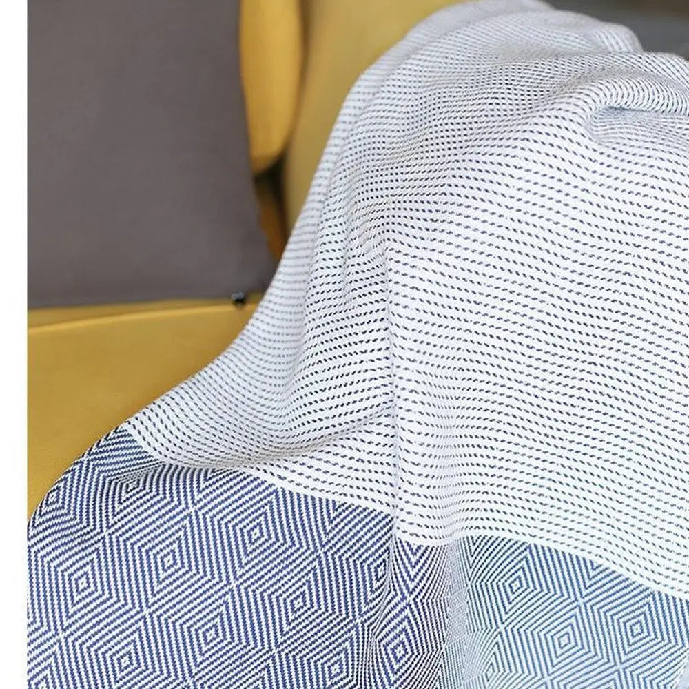 Blue And White Squares And Stripes Turkish Towel Or Throw Blanket - NOBLE HOME INTERIORS