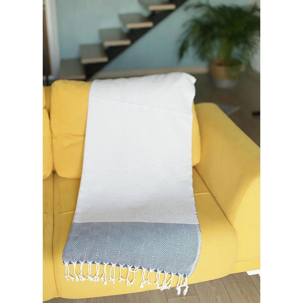 Blue And White Squares And Stripes Turkish Towel Or Throw Blanket - NOBLE HOME INTERIORS