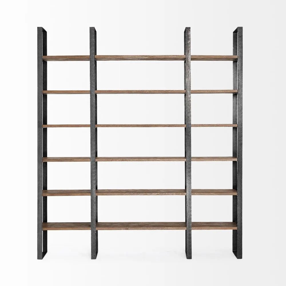 Brown Iron and Solid Wood Six Tier Bookcase - NOBLE HOME INTERIORS