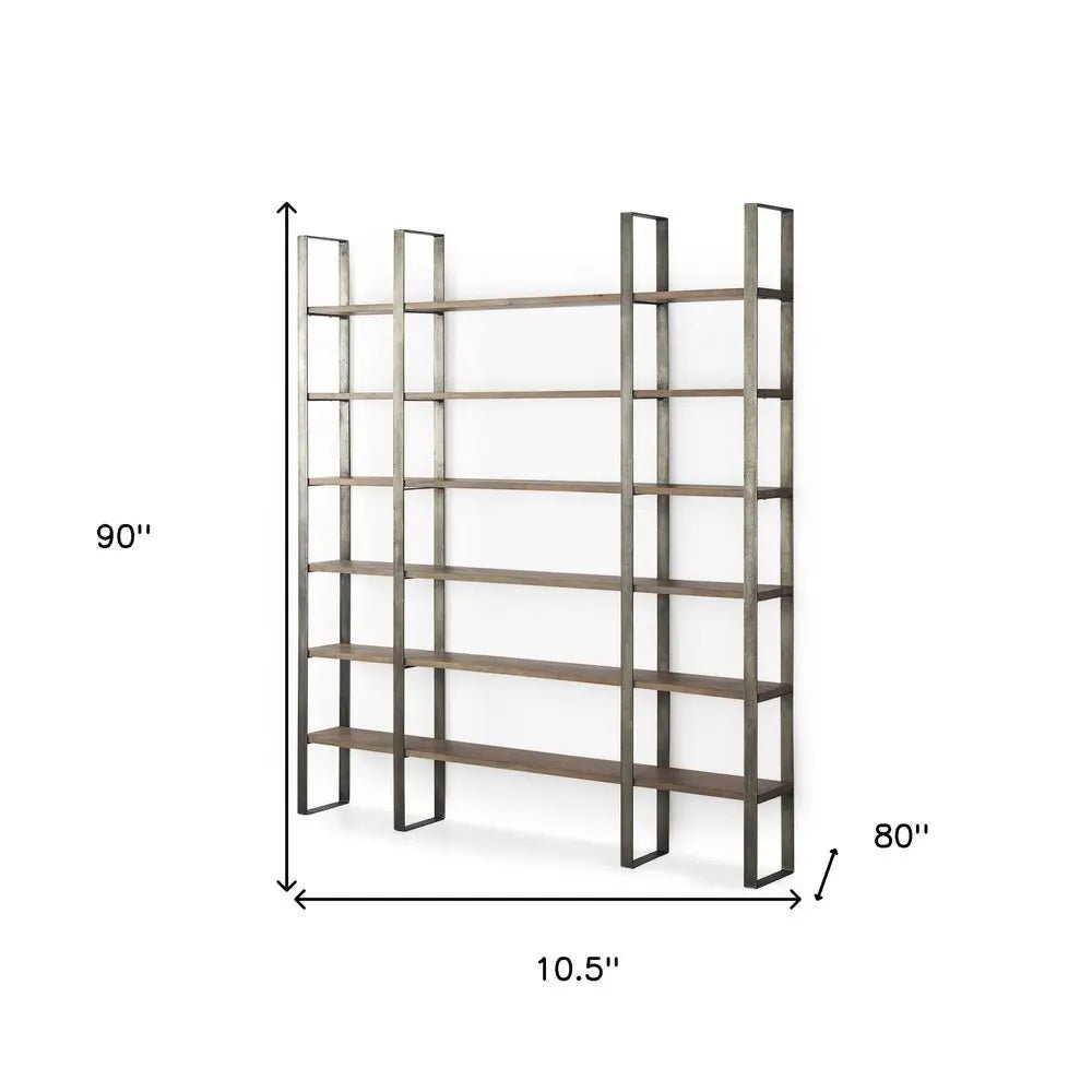 Brown Nickel and Solid Wood Six Tier Bookcase - NOBLE HOME INTERIORS