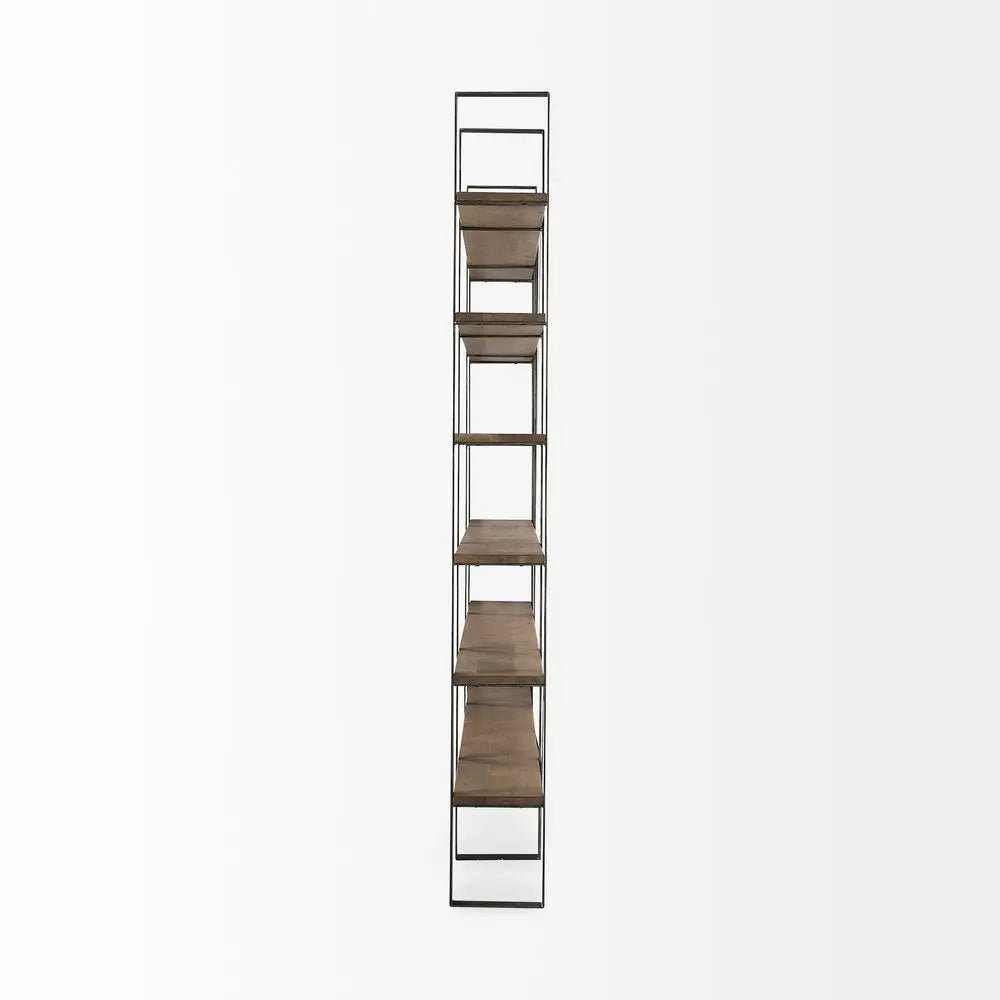 Brown Nickel and Solid Wood Six Tier Bookcase - NOBLE HOME INTERIORS