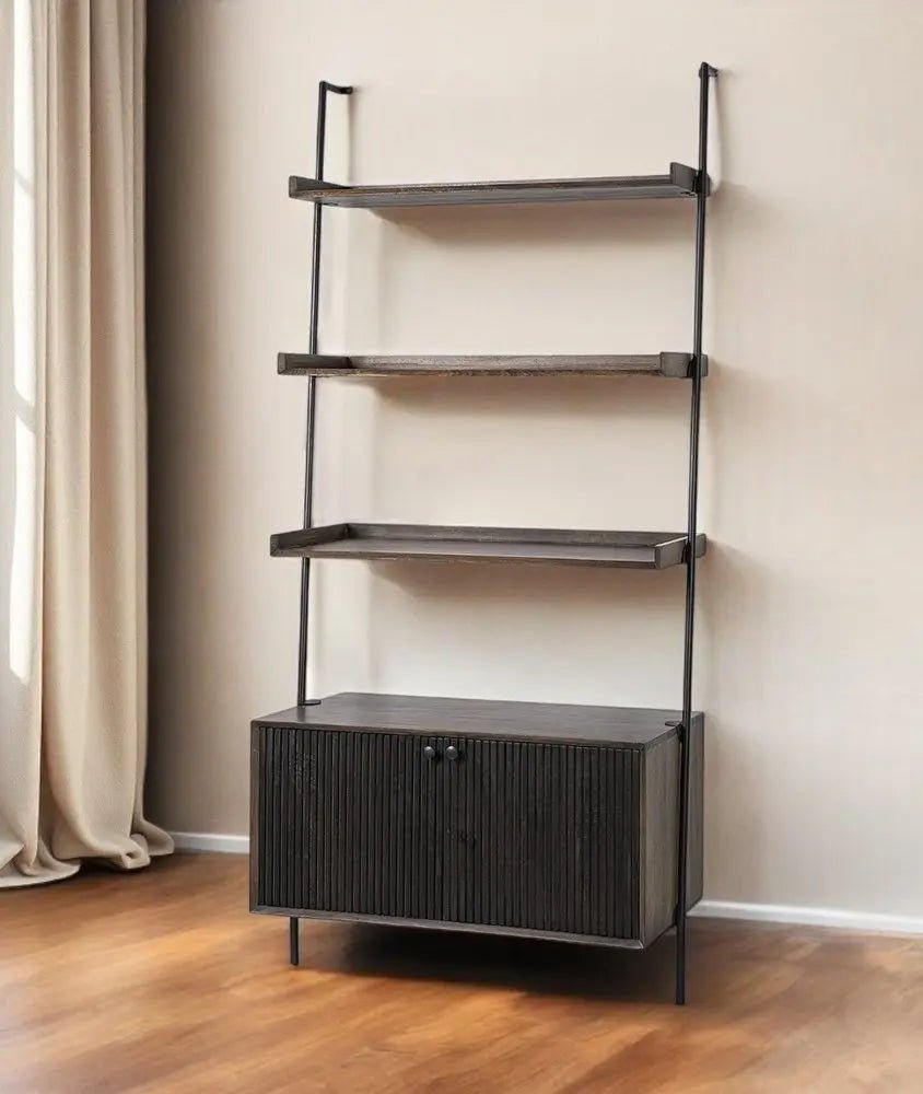 Dark Brown Metal and Wood Three Tier Ladder Bookcase - NOBLE HOME INTERIORS